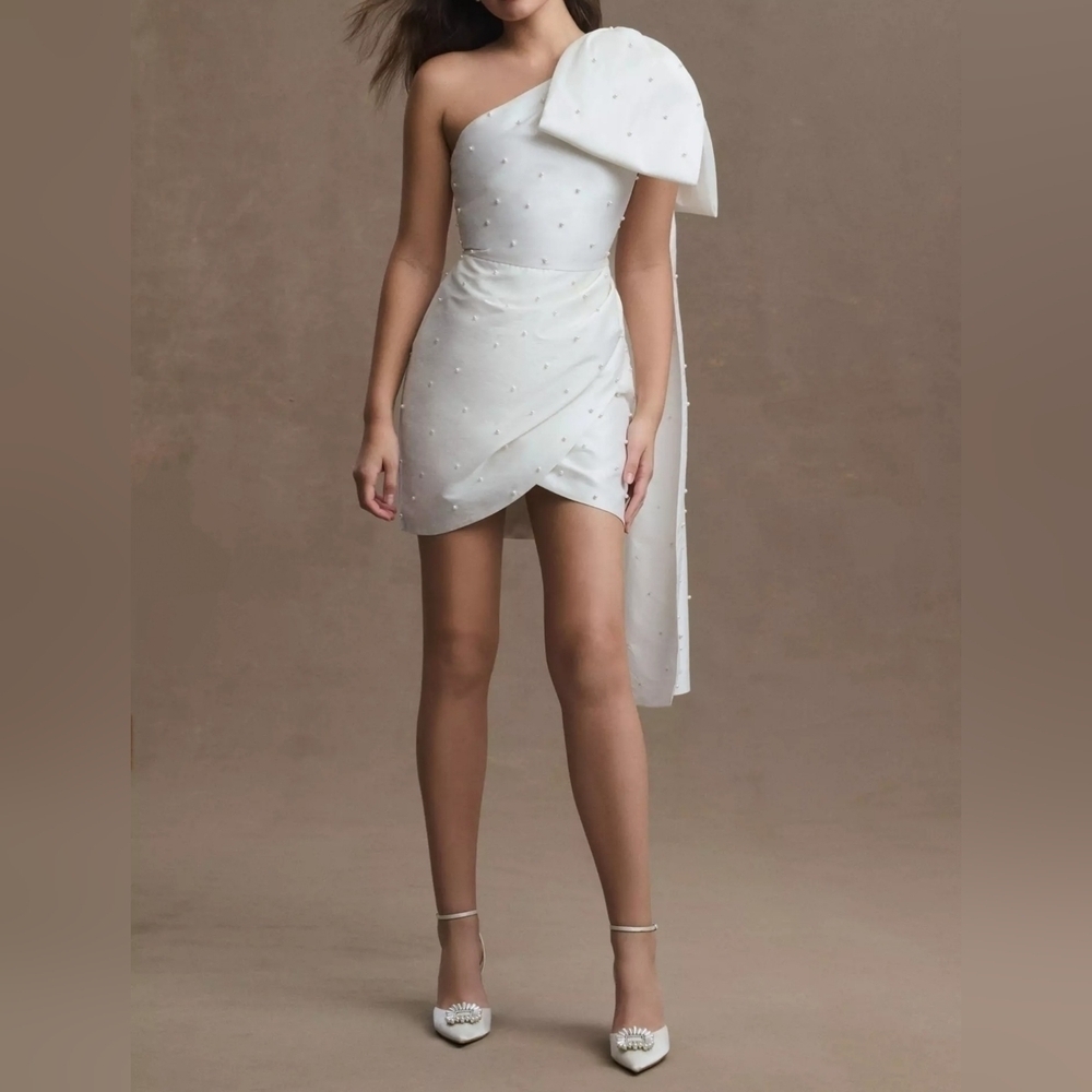 Sachin & Babi Pippa One-Shoulder Ivory Pearl-Embellished Bridal Mini Dress, 0